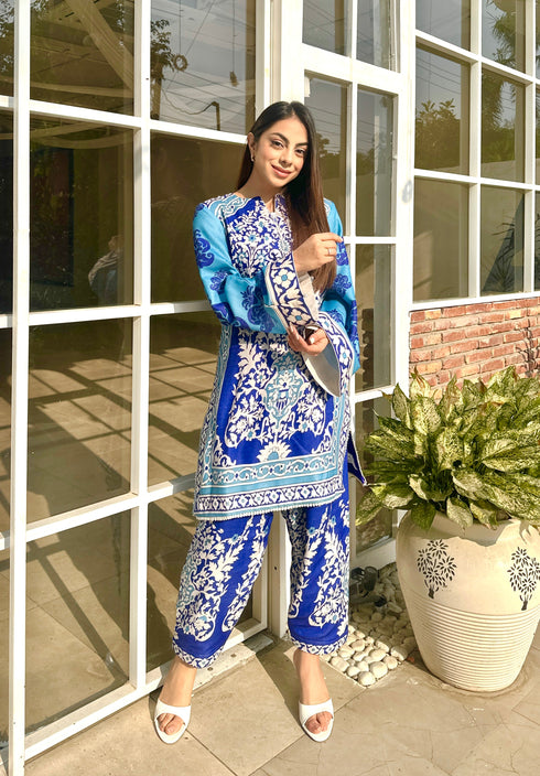 Myra Blue Pashmina Pakistani Kurta Set